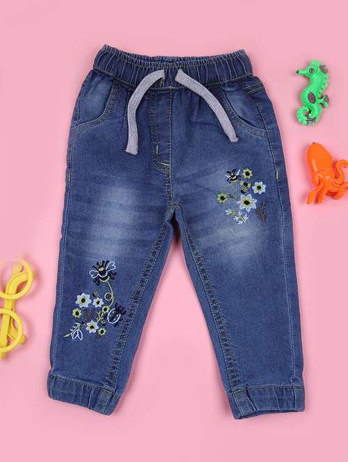 girls blue embroidered mid rise jogger - 21943475 - Standard Image - 0