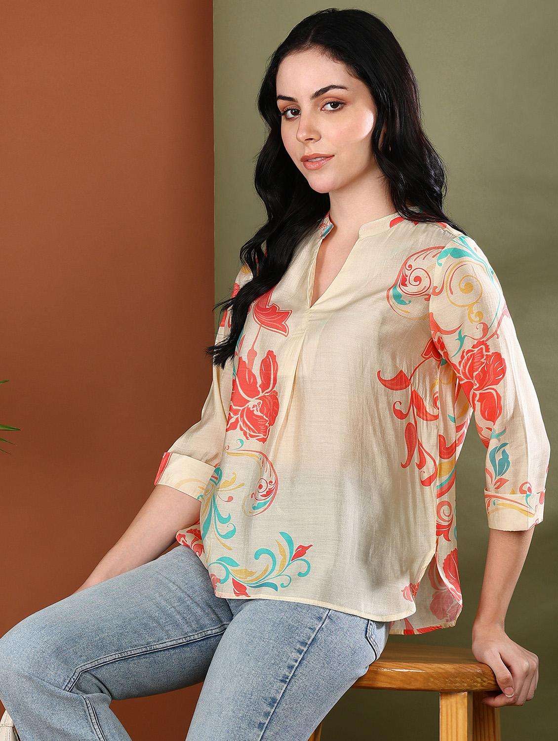 women cream three quarter sleeve ethnic top