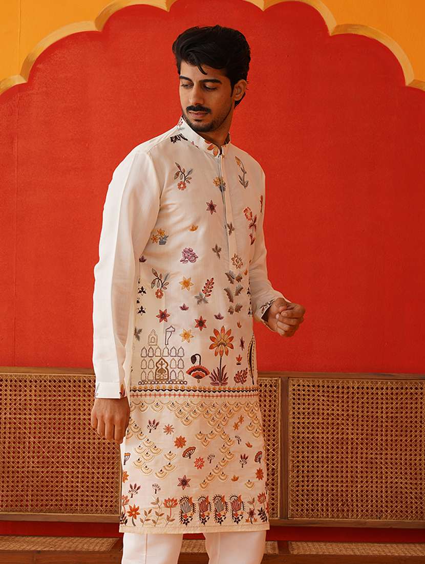 white silk blend long kurta - 21943552 - Standard Image - 3