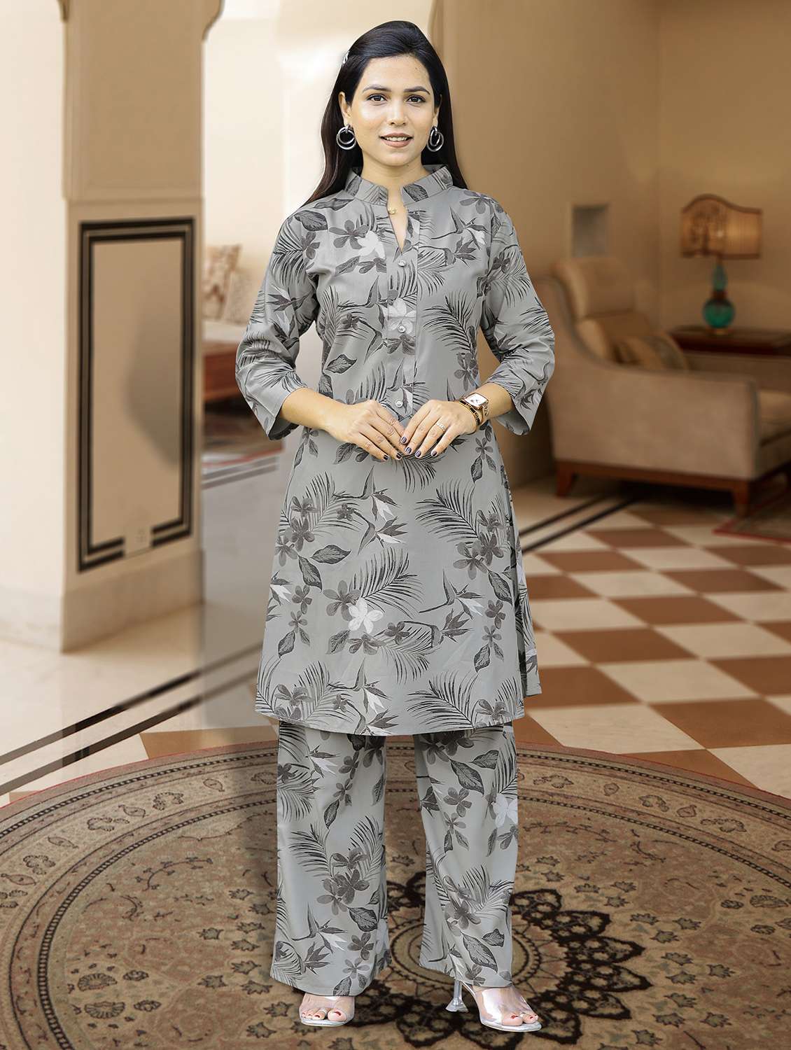 women three quarter sleeve kurta palazzo set
