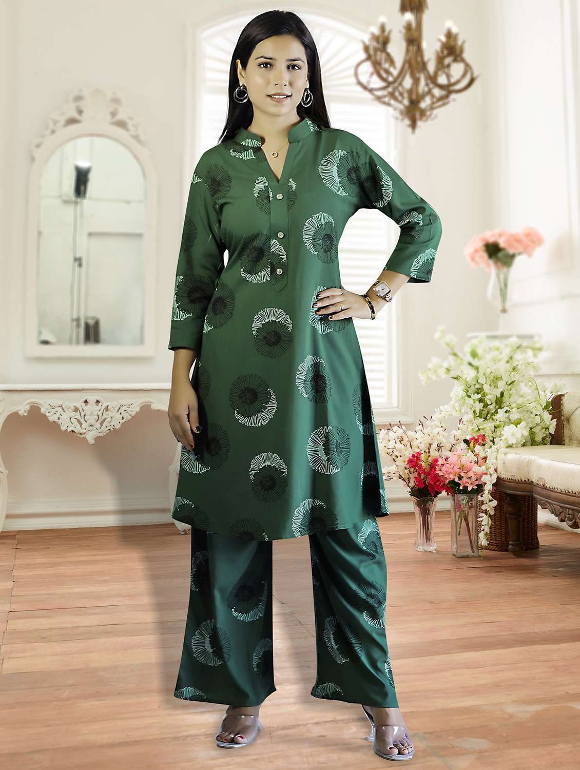 women three quarter sleeve kurta palazzo set