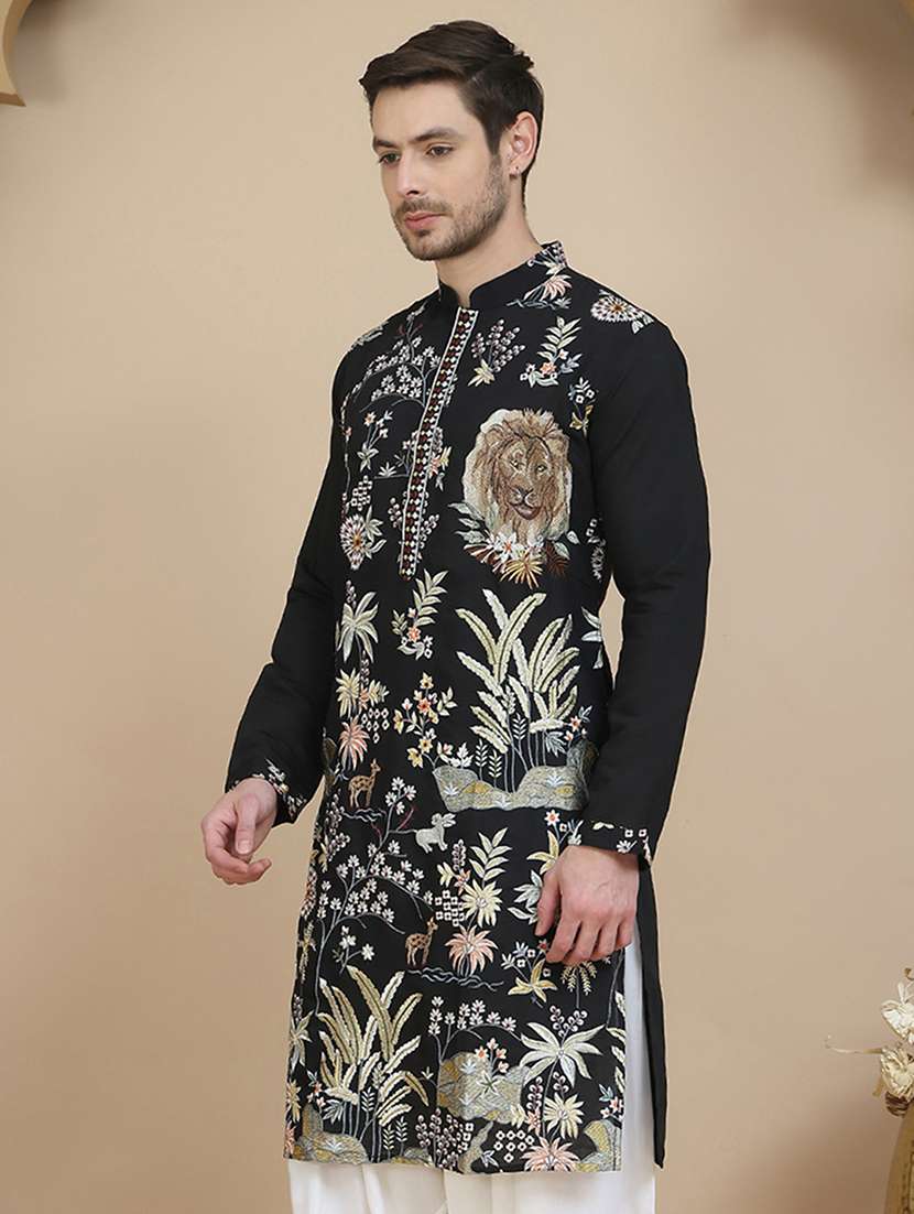 men embroidered mandarin neck long kurta - 21943616 -  Standard Image - 3
