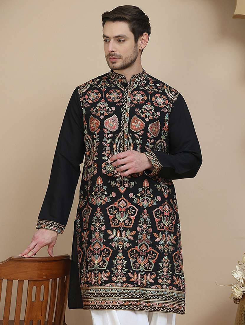 men embroidered mandarin neck long kurta