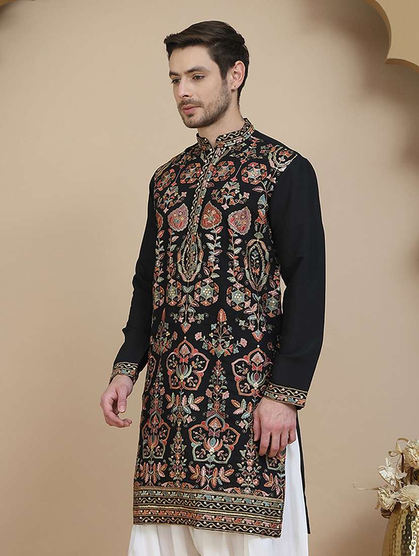 men embroidered mandarin neck long kurta - 21943620 - Standard Image - 3
