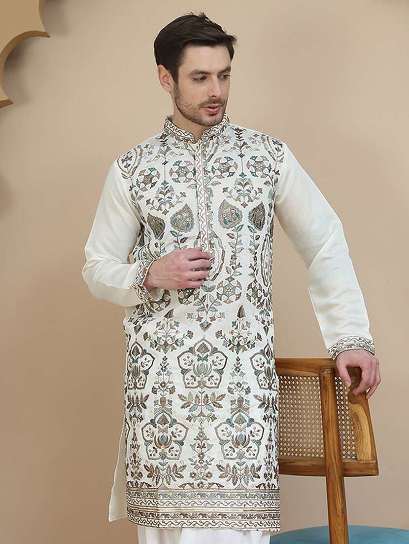 men embroidered mandarin neck long kurta
