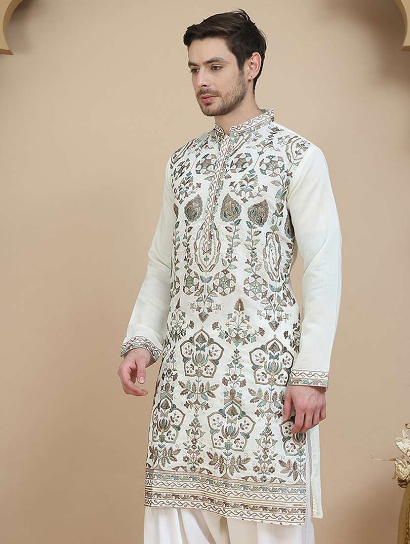 men embroidered mandarin neck long kurta - 21943621 -  Standard Image - 3
