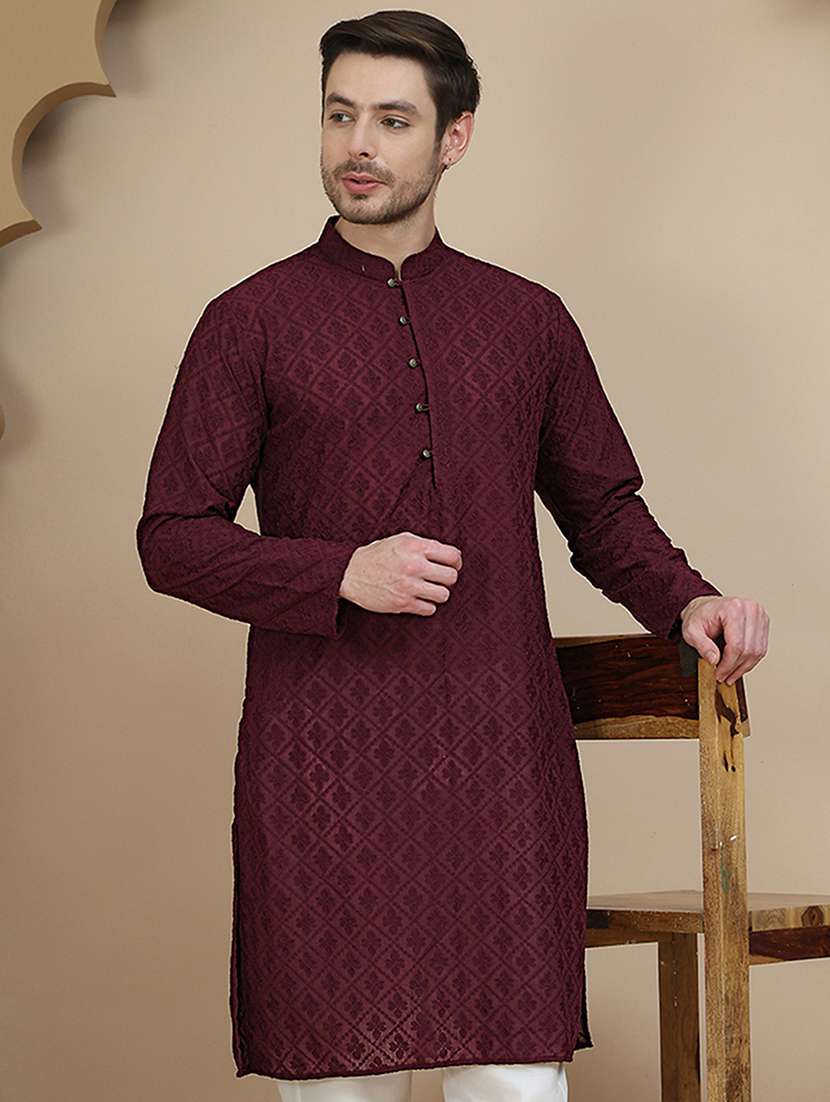 men embroidered mandarin neck long kurta
