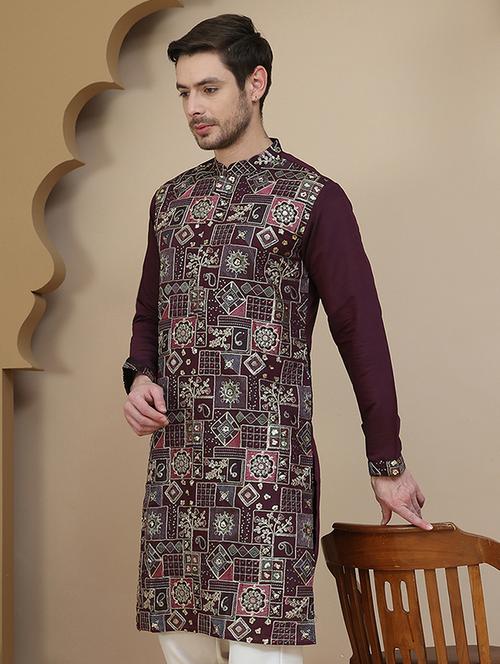 men embroidered mandarin neck long kurta - 21943623 -  Standard Image - 0