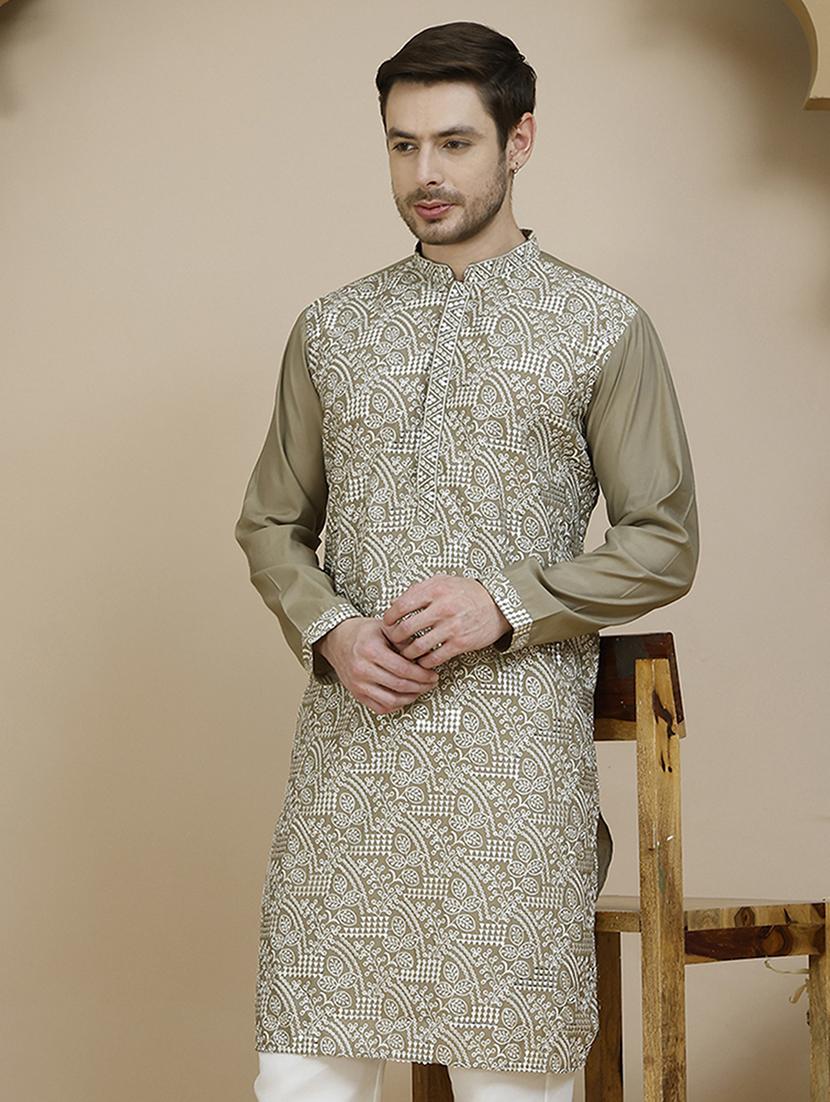 men embroidered mandarin neck long kurta - 21943624 -  Zoom Image - 0