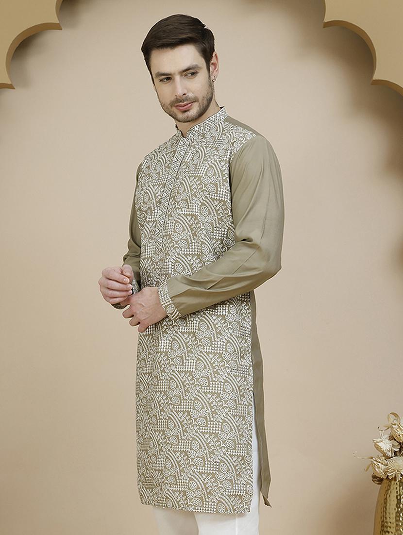 men embroidered mandarin neck long kurta - 21943624 - Standard Image - 3