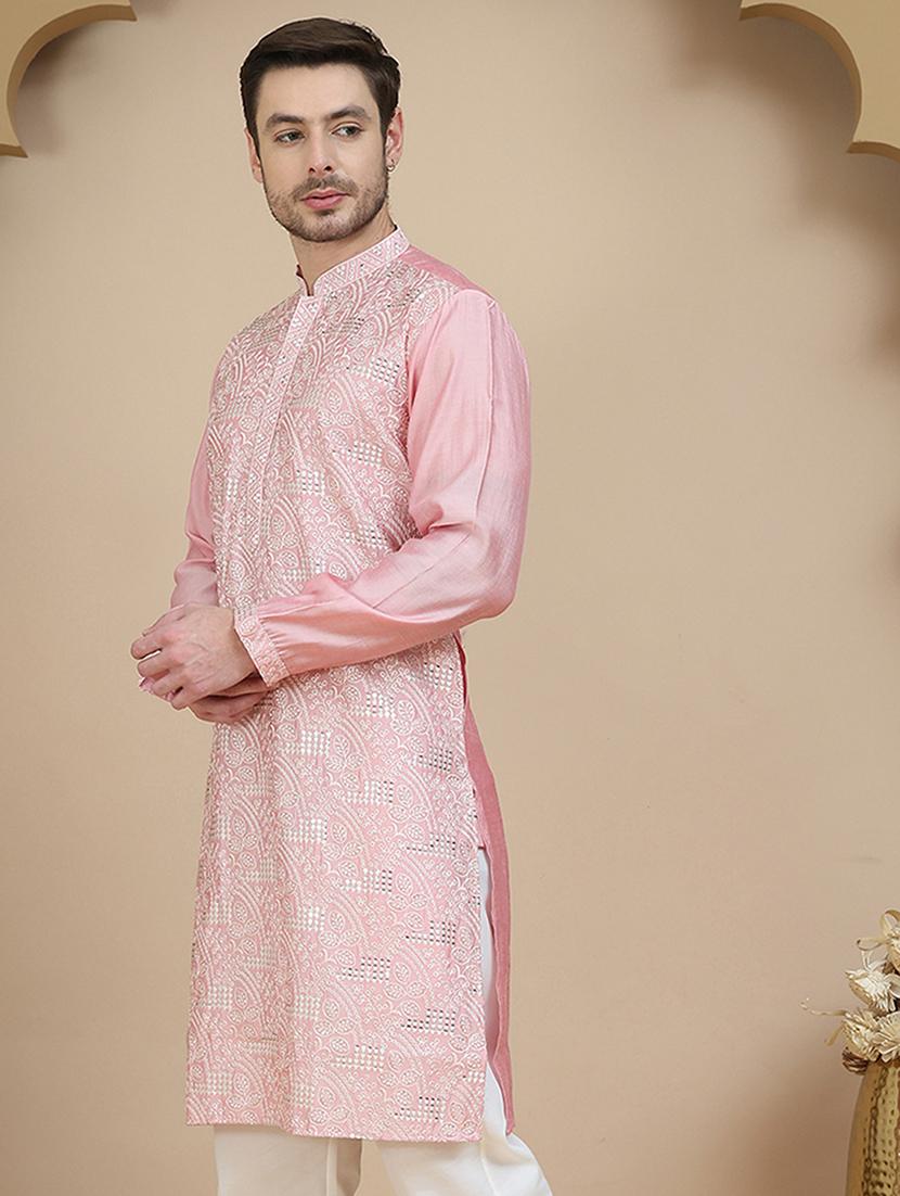 men embroidered mandarin neck long kurta - 21943625 - Standard Image - 3