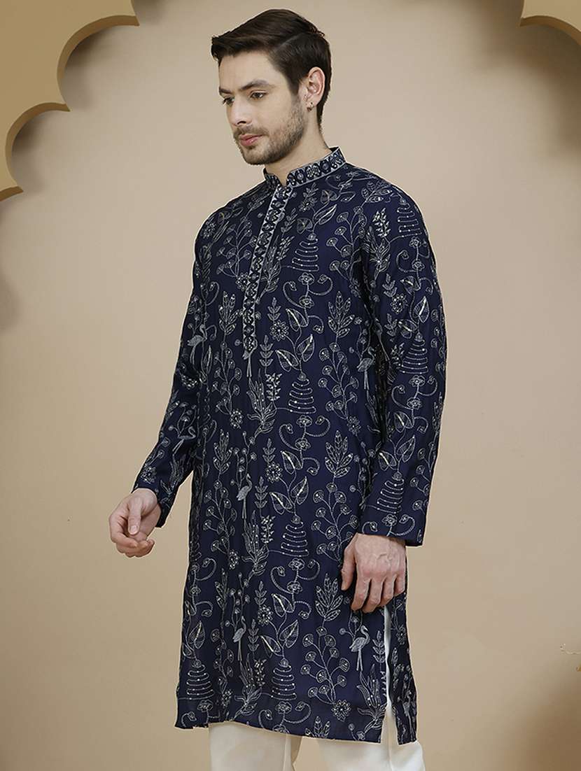 men embroidered mandarin neck long kurta - 21943627 - Standard Image - 3