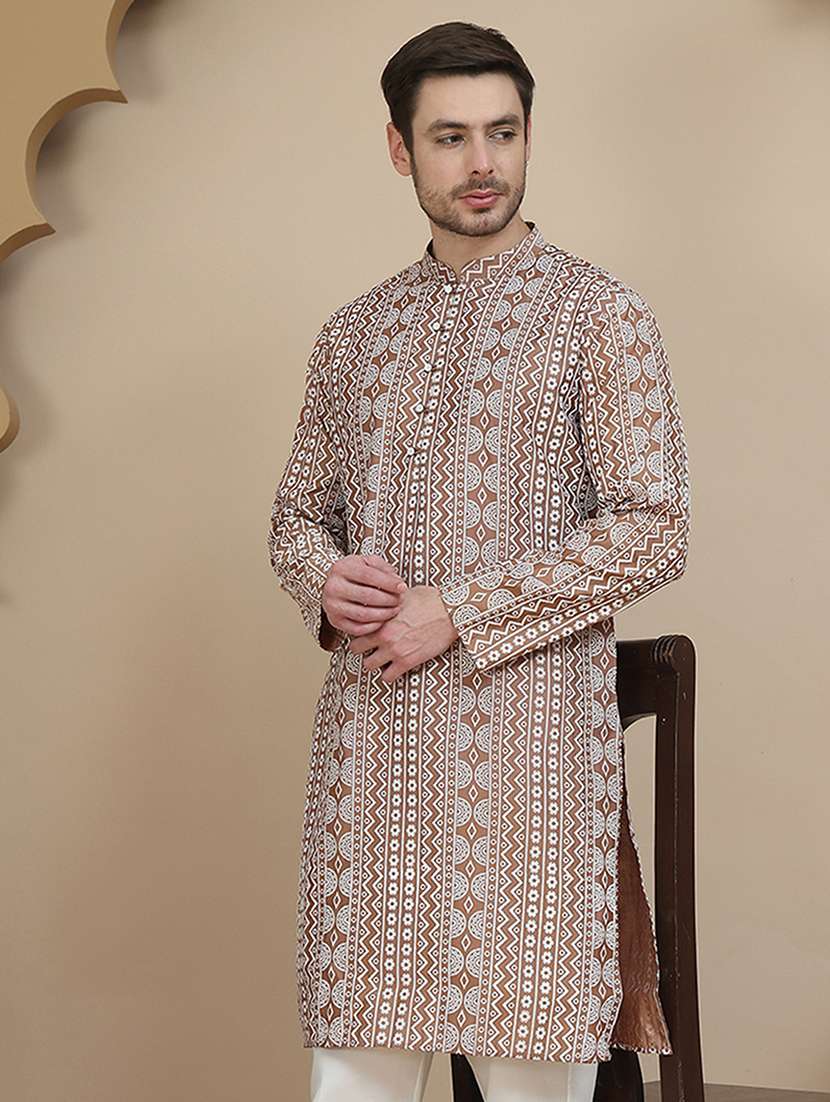 men embroidered mandarin neck long kurta - 21943631 -  Zoom Image - 0