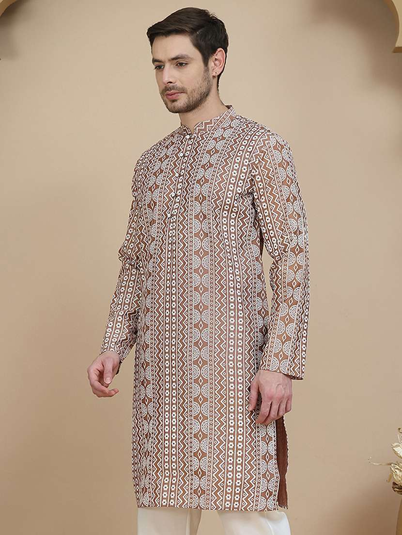 men embroidered mandarin neck long kurta - 21943631 - Standard Image - 3