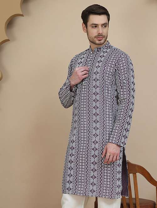 men embroidered mandarin neck long kurta - 21943632 -  Standard Image - 0