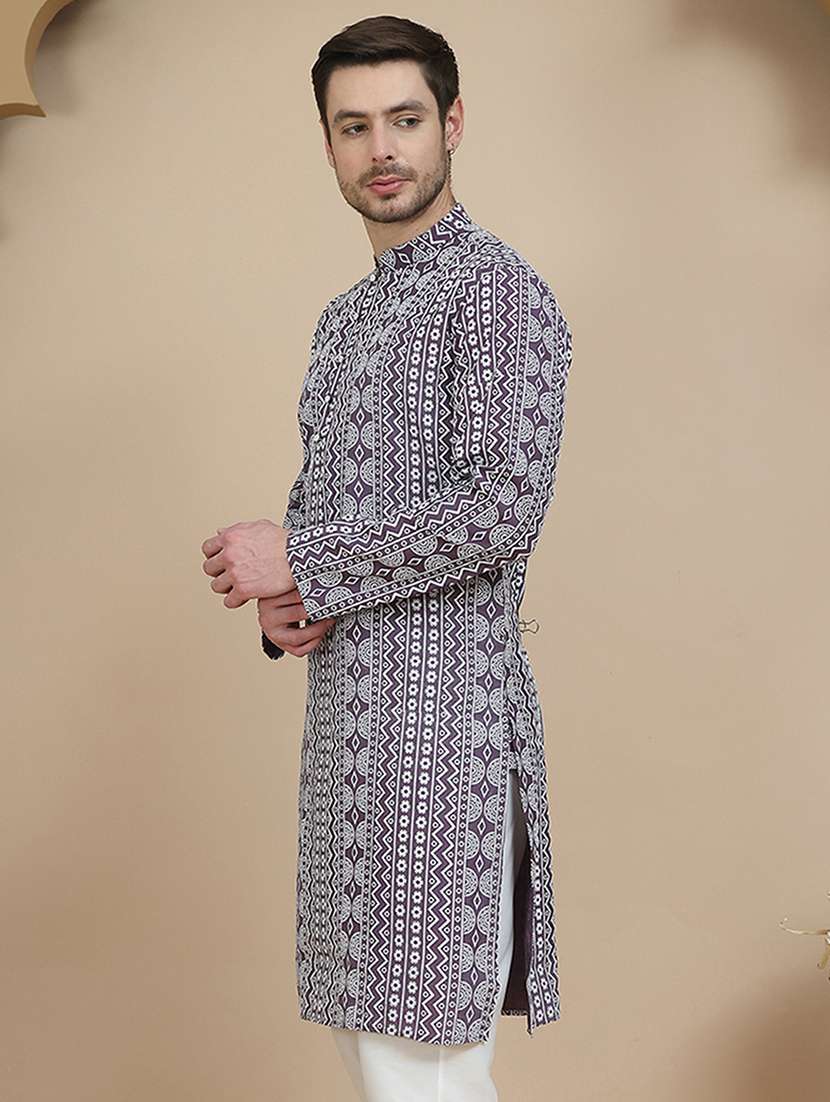 men embroidered mandarin neck long kurta - 21943632 - Standard Image - 3