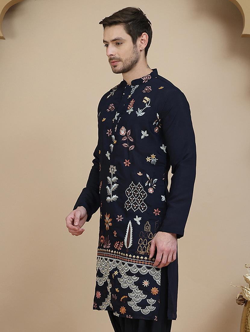 men embroidered mandarin neck long kurta - 21943637 - Standard Image - 3