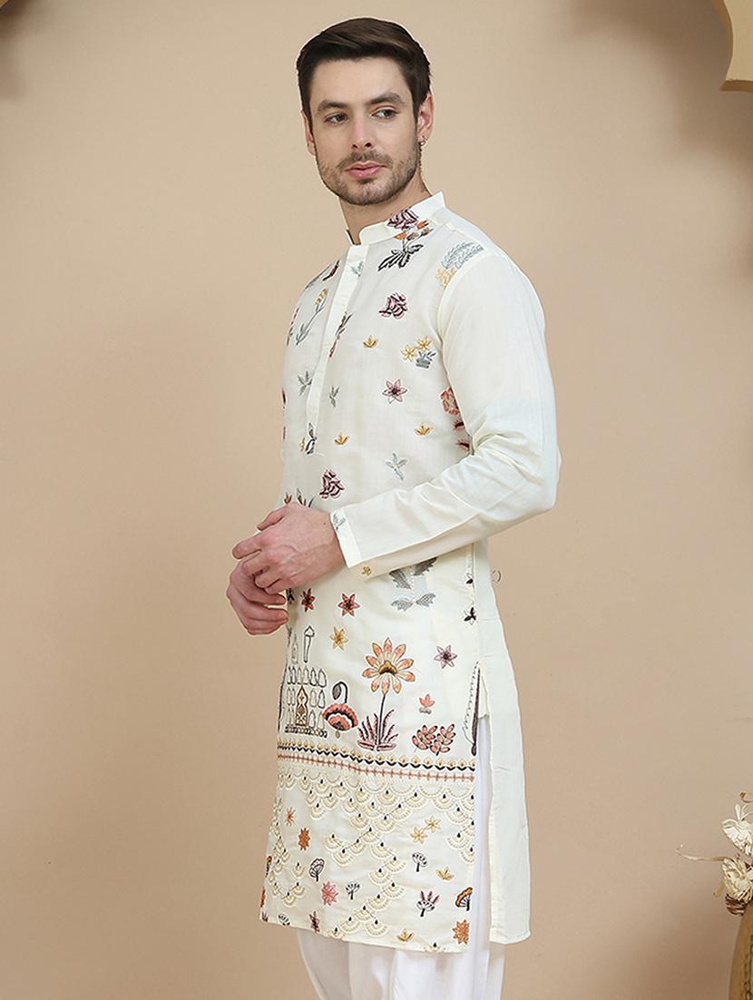 men embroidered mandarin neck long kurta - 21943638 - Standard Image - 3