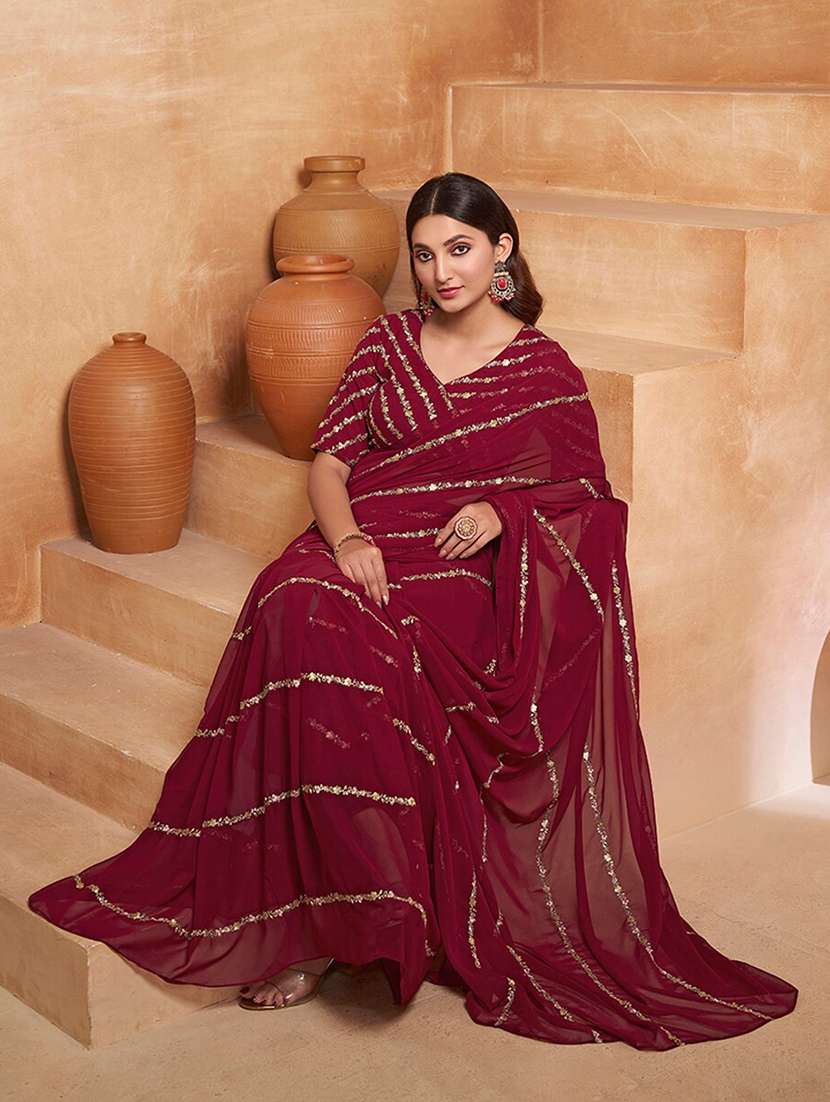 women maroon embroidered saree with blouse - 21943646 -  Standard Image - 3