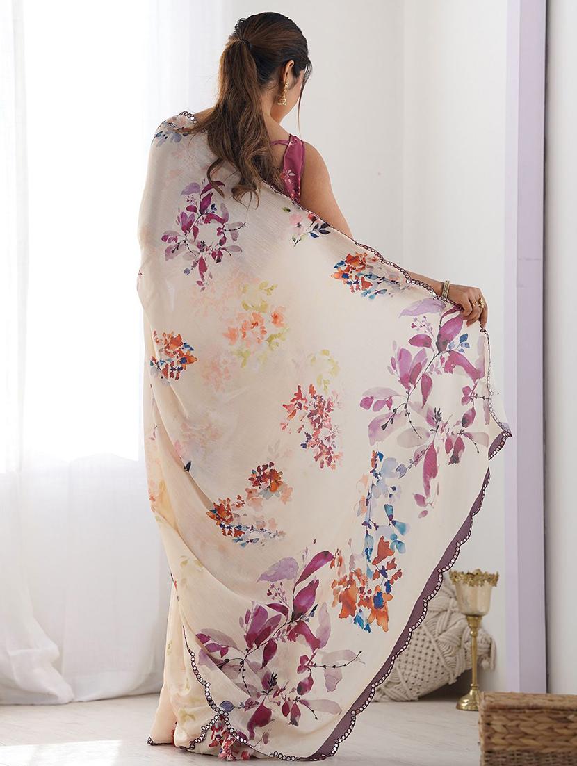 women cream printed saree with blouse - 21943648 - Standard Image - 3
