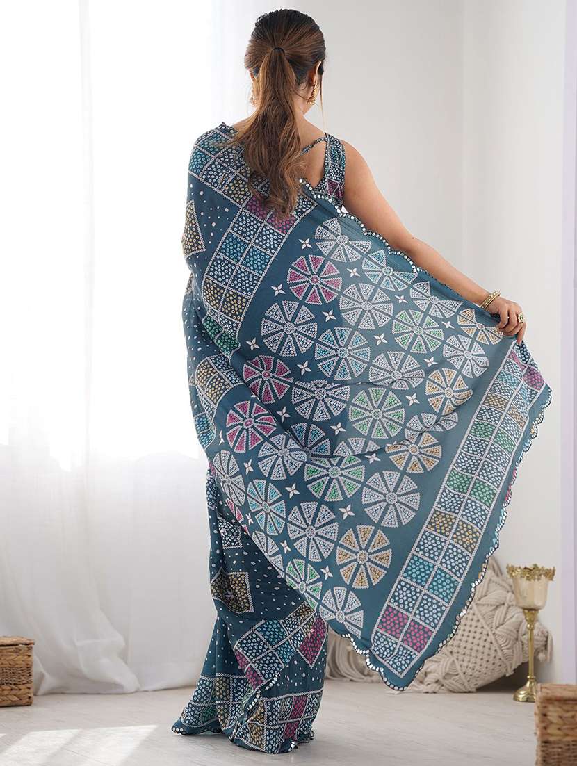 women teal printed saree with blouse - 21943652 -  Standard Image - 3