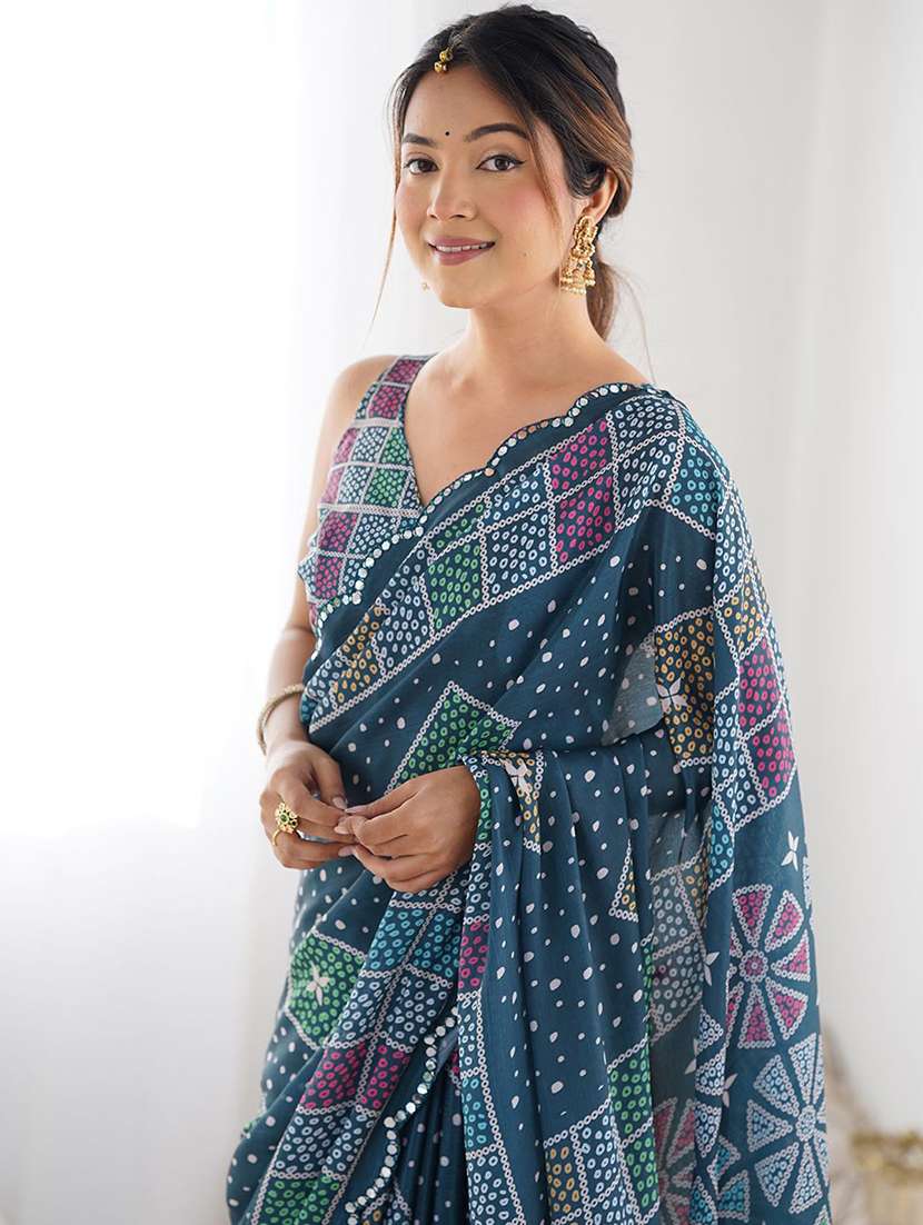 women teal printed saree with blouse - 21943652 -  Standard Image - 5