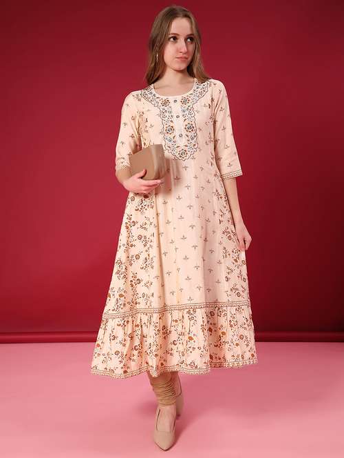 women printed three quarter sleeve tiered kurta - 21943688 -  Standard Image - 0