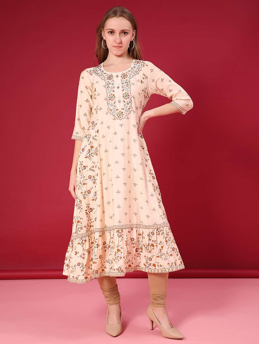 women printed three quarter sleeve tiered kurta - 21943688 -  Standard Image - 3