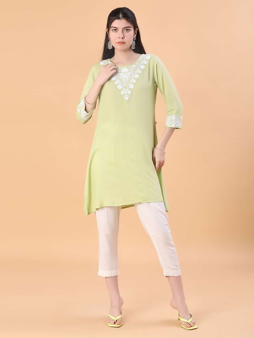 women embroidered three quarter sleeve kurti