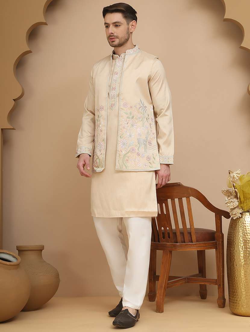 men mandarin neck kurta pyjama with jacket ethnic wear set - 21944460 -  Zoom Image - 0