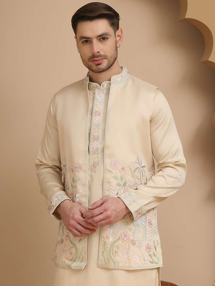 men mandarin neck kurta pyjama with jacket ethnic wear set - 21944460 -  Standard Image - 3
