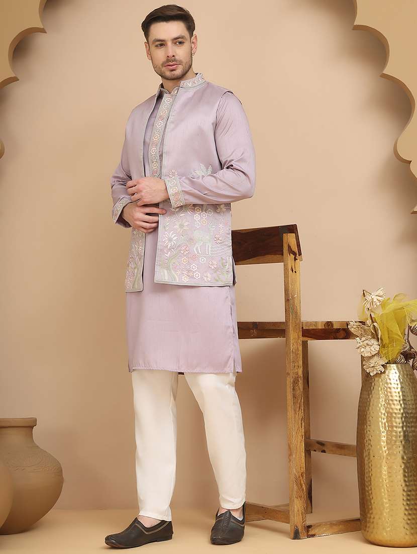 men mandarin neck kurta pyjama with jacket ethnic wear set
