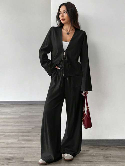 women solid top and trouser co-ord set - 21944489 -  Standard Image - 0