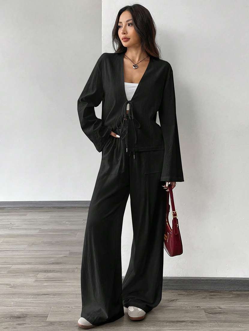 women solid top and trouser co-ord set - 21944489 -  Zoom Image - 0