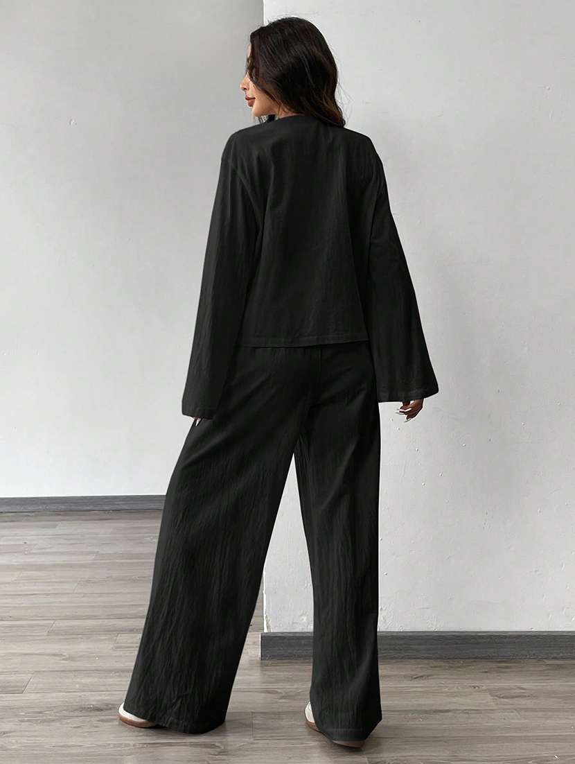 women solid top and trouser co-ord set - 21944489 - Standard Image - 3