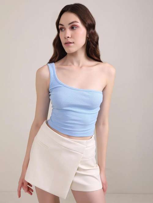 women solid single shoulder crop top - 21944534 -  Standard Image - 0