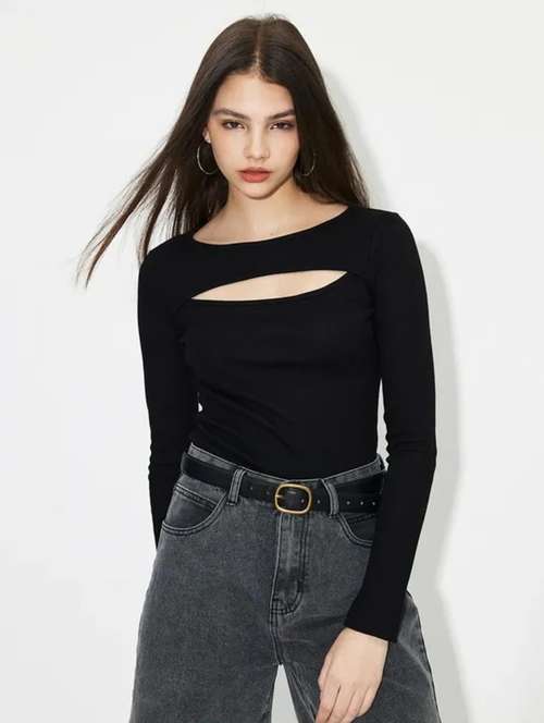women solid long sleeve cut out top - 21944576 -  Standard Image - 0