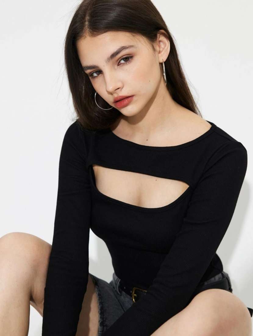 women solid long sleeve cut out top - 21944576 - Standard Image - 3