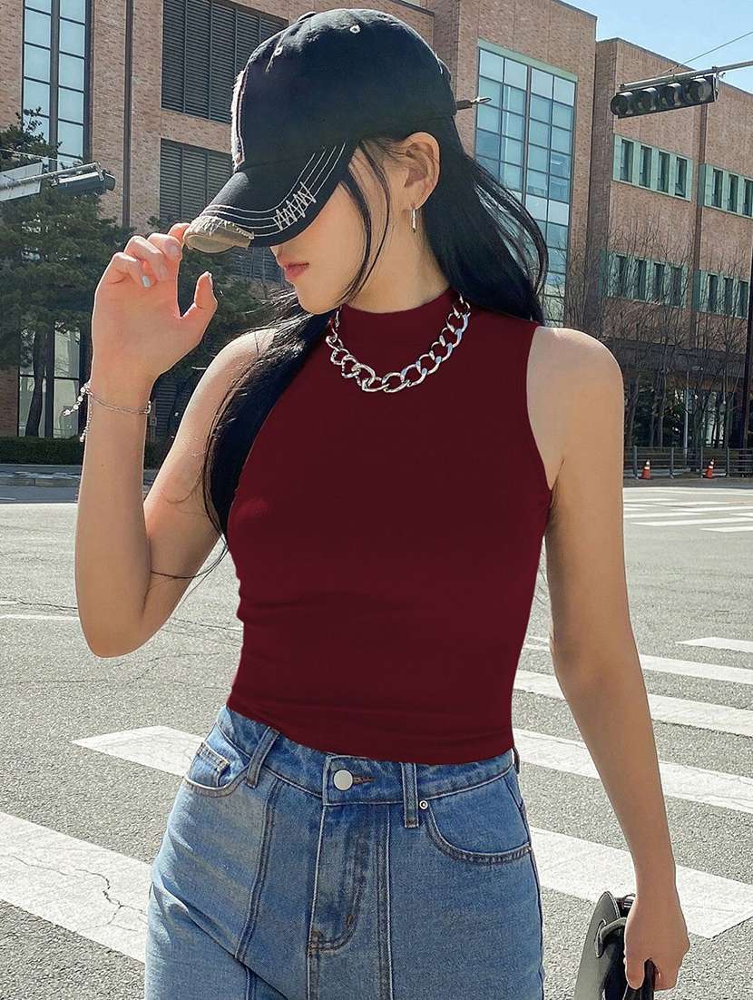 women solid mock neck sleeveless top - 21944589 - Zoom Image - 0