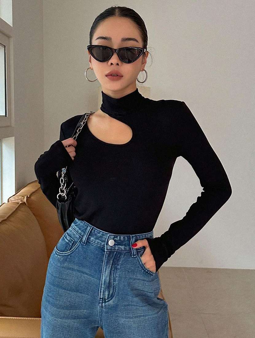 black cotton blend regular top