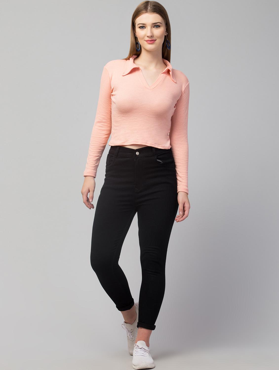 women solid long sleeve collared crop top - 21944644 - Standard Image - 3