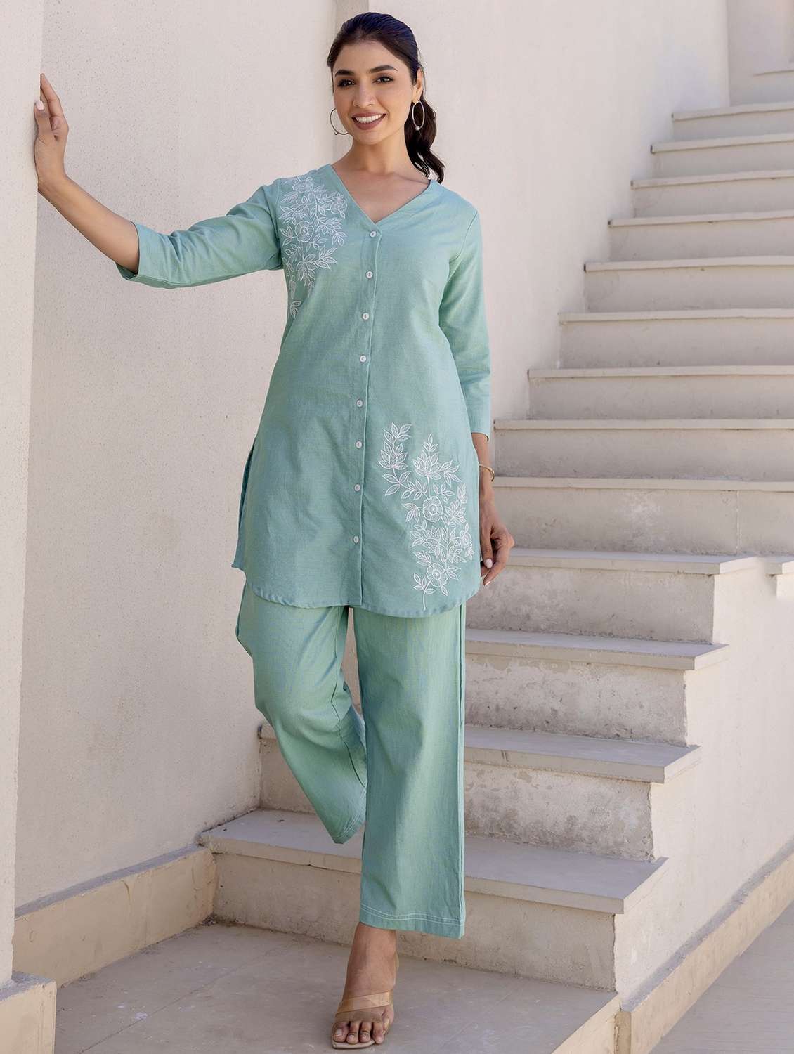 women three quarter sleeve ethnic co-ord set