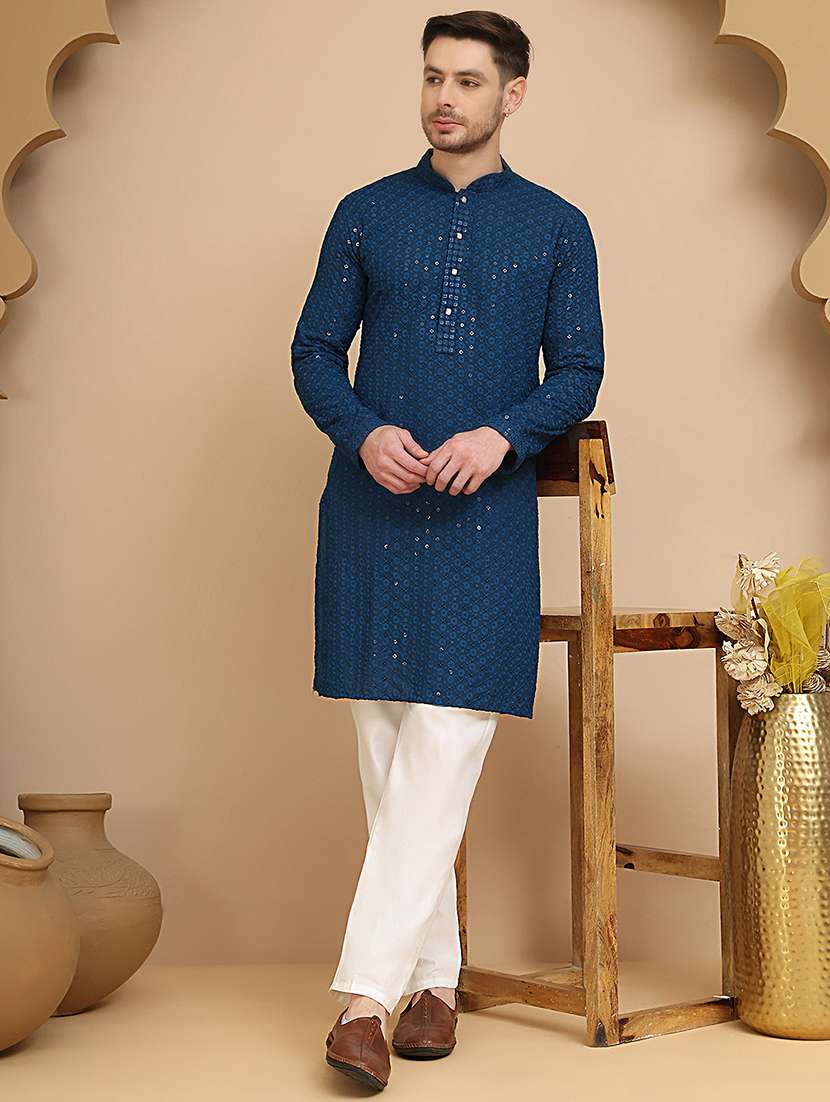 men mandarin neck kurta pyjama ethnic wear set
