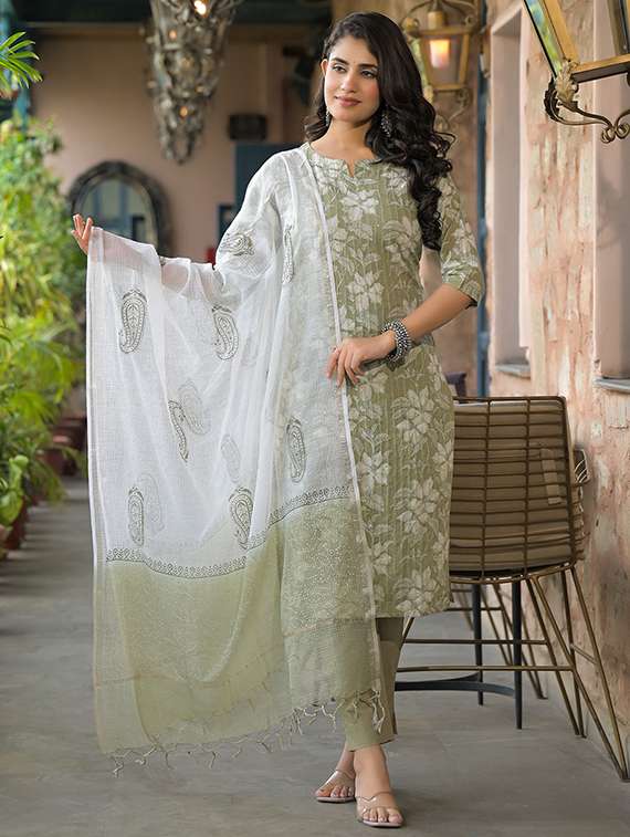 women three quarter sleeve kurta pant with dupatta set