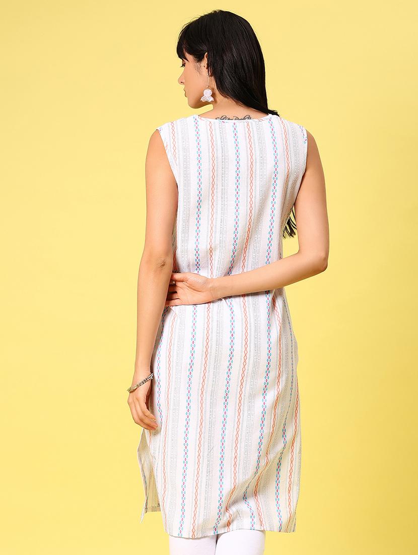 women white self design sleeveless straight kurta - 21944842 - Standard Image - 3