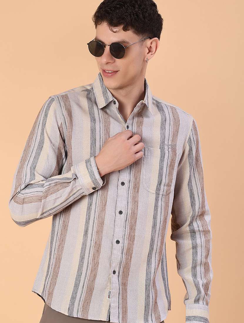 men striped collared long sleeve shirt
