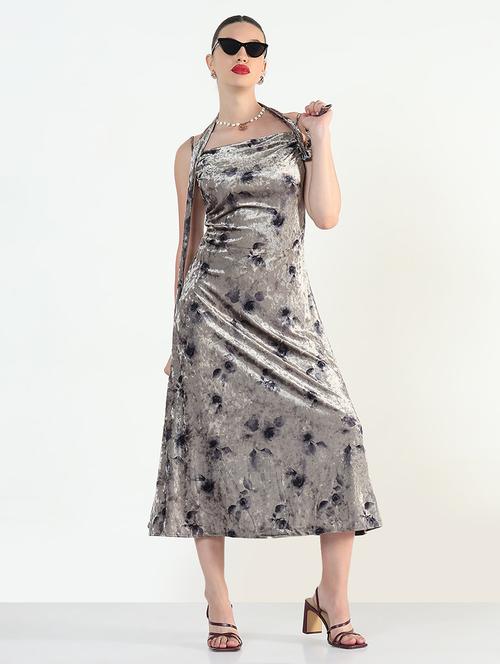 floral print velvet shoulder strap midi dress - 21946342 -  Standard Image - 0
