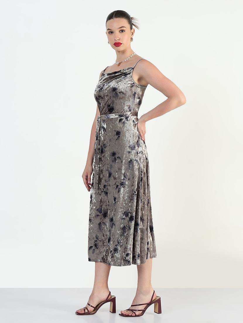 floral print velvet shoulder strap midi dress - 21946342 - Standard Image - 3