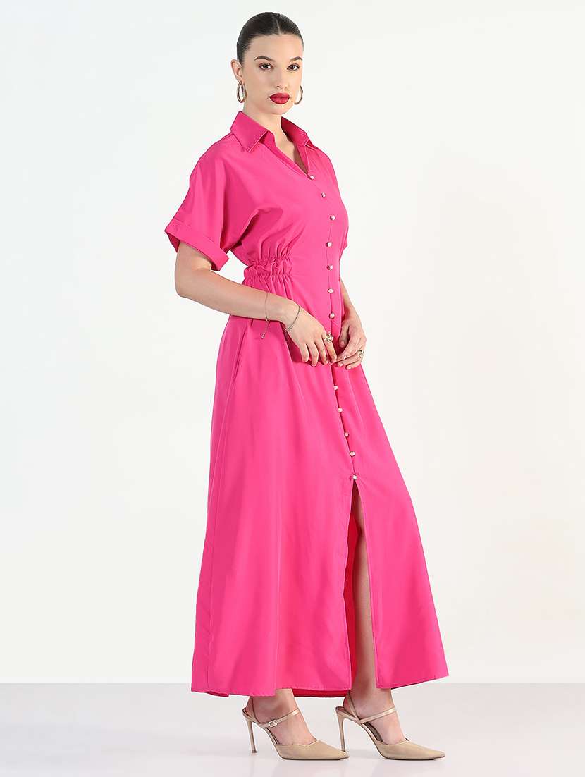 Women Pink Solid Collared Maxi A Line Dress