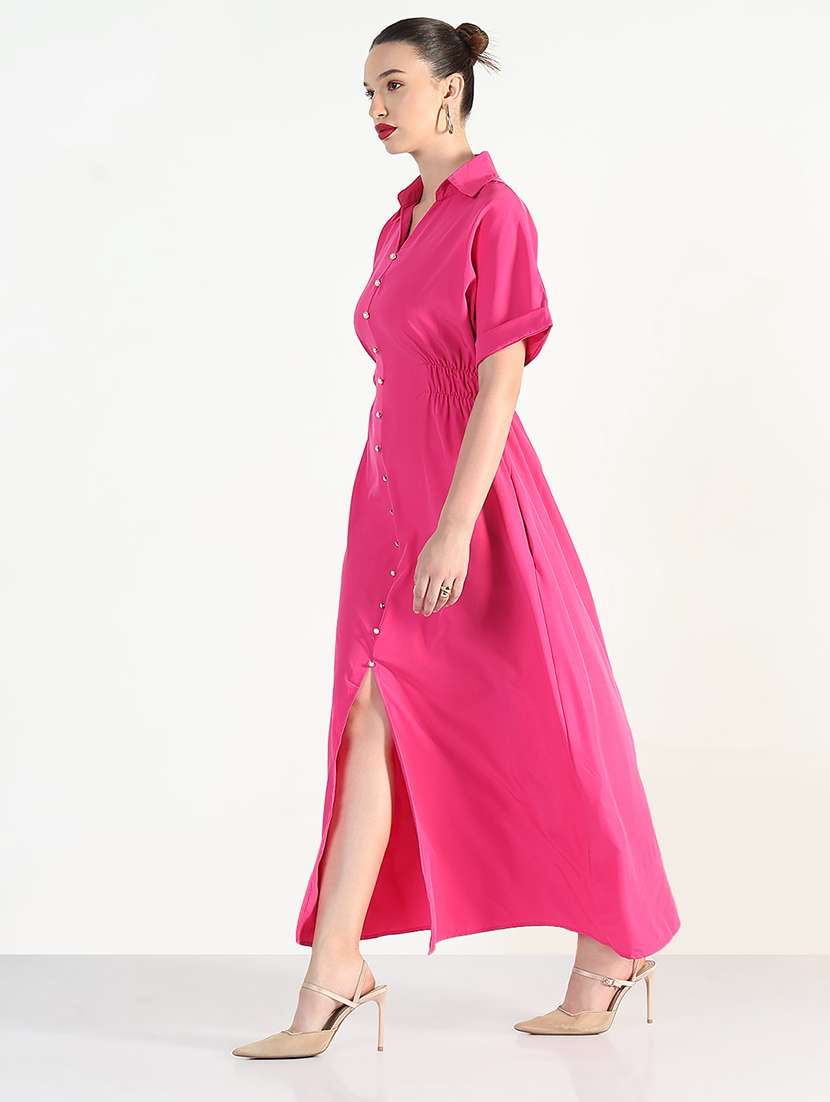 Women Pink Solid Collared Maxi A Line Dress